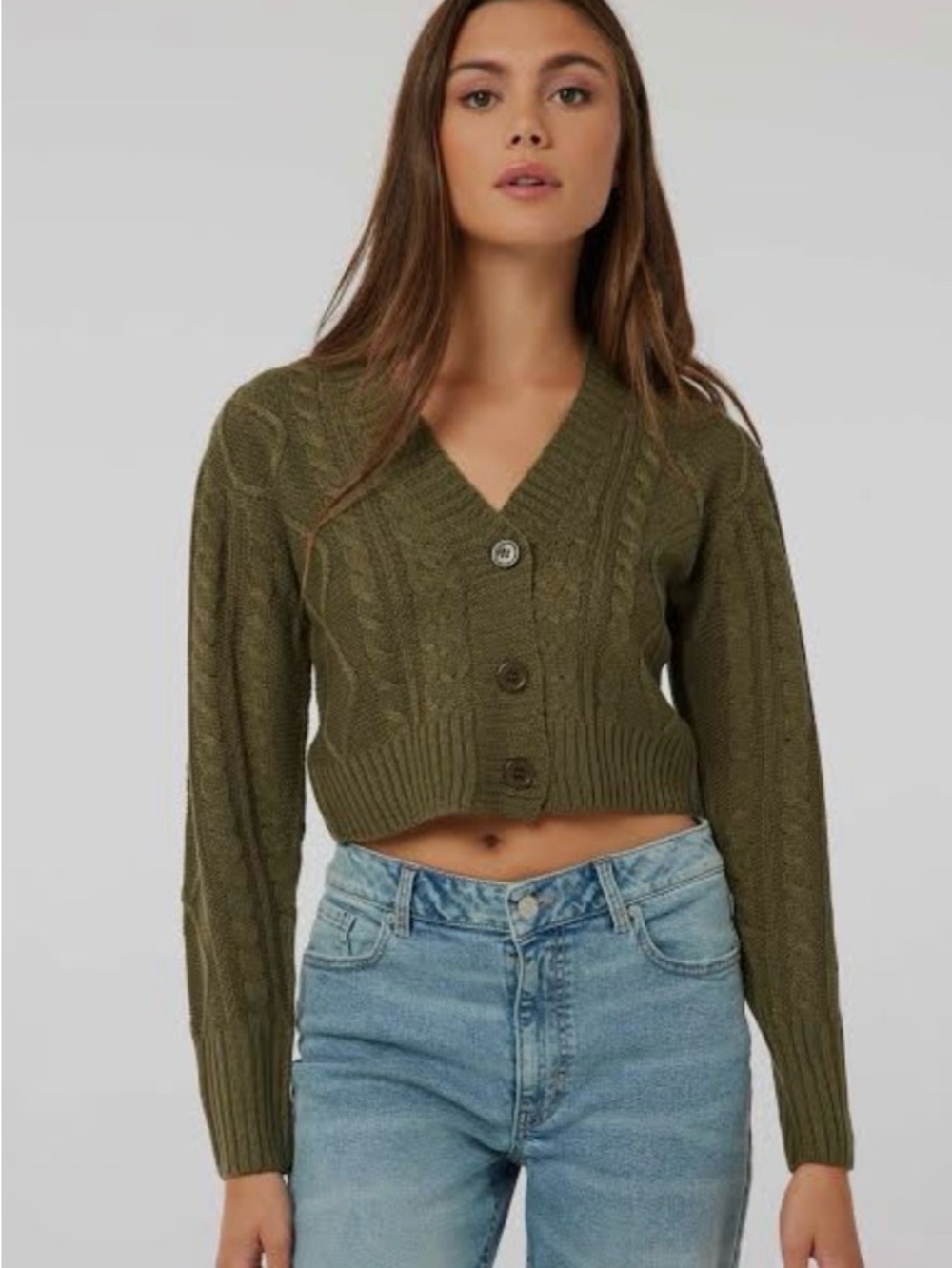 Ardene Khaki Crop Cable Knit Cardigan